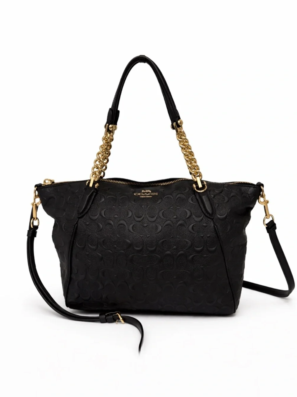 Coach Black Signature Debossed Leather Tote Chain Strap Crossbody Bag - Picture 1 of 16